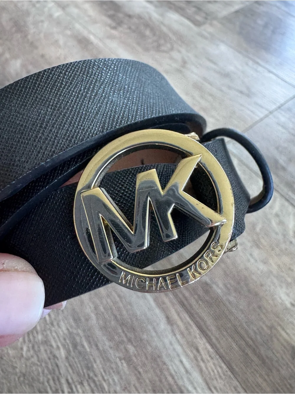 Michael Kors Slim Geuine Leather Belt with Gold MK Logo Buckle - Size: Medium